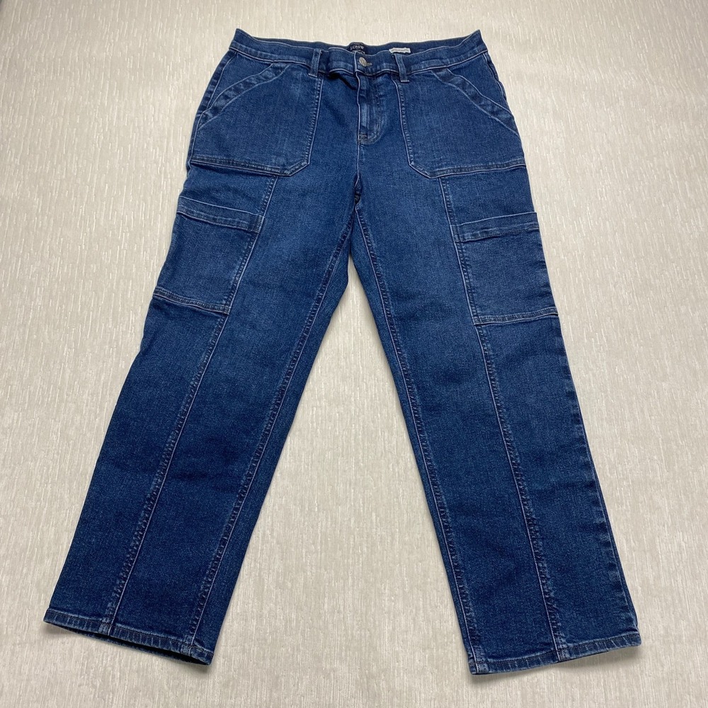 J. Crew Premium Edition Straight Leg Cargo Jeans Womens 32P Blue Denim High Rise